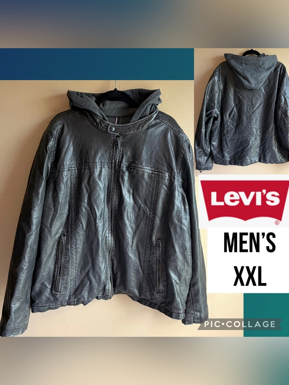 VTG Levi’s Mens Jacket Hooded 90s Black Faux Leather Fleece Hoodie Coat Size XXL